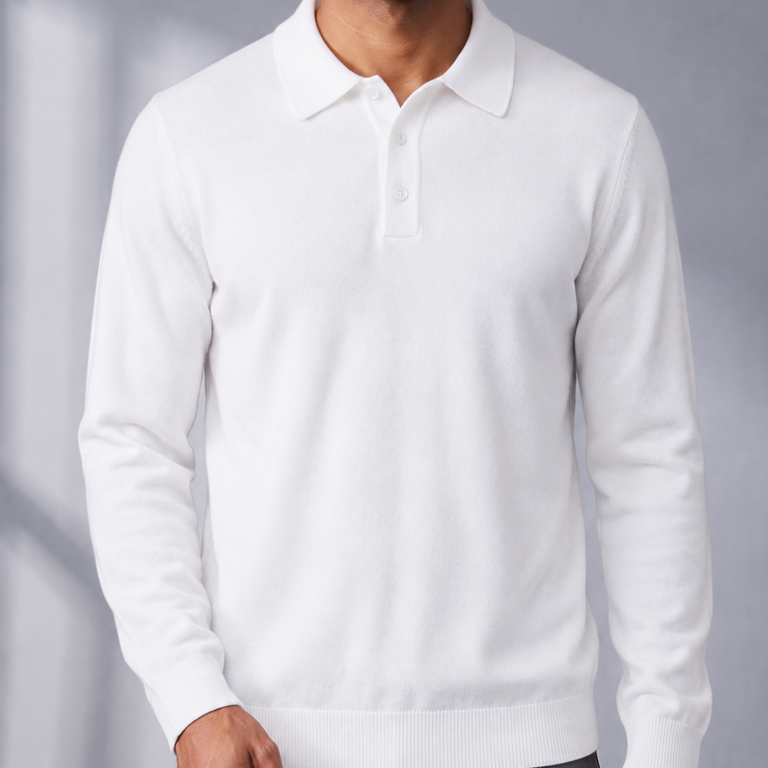 Men's Fine Knit Long Sleeve Polo with Contrast Buttons