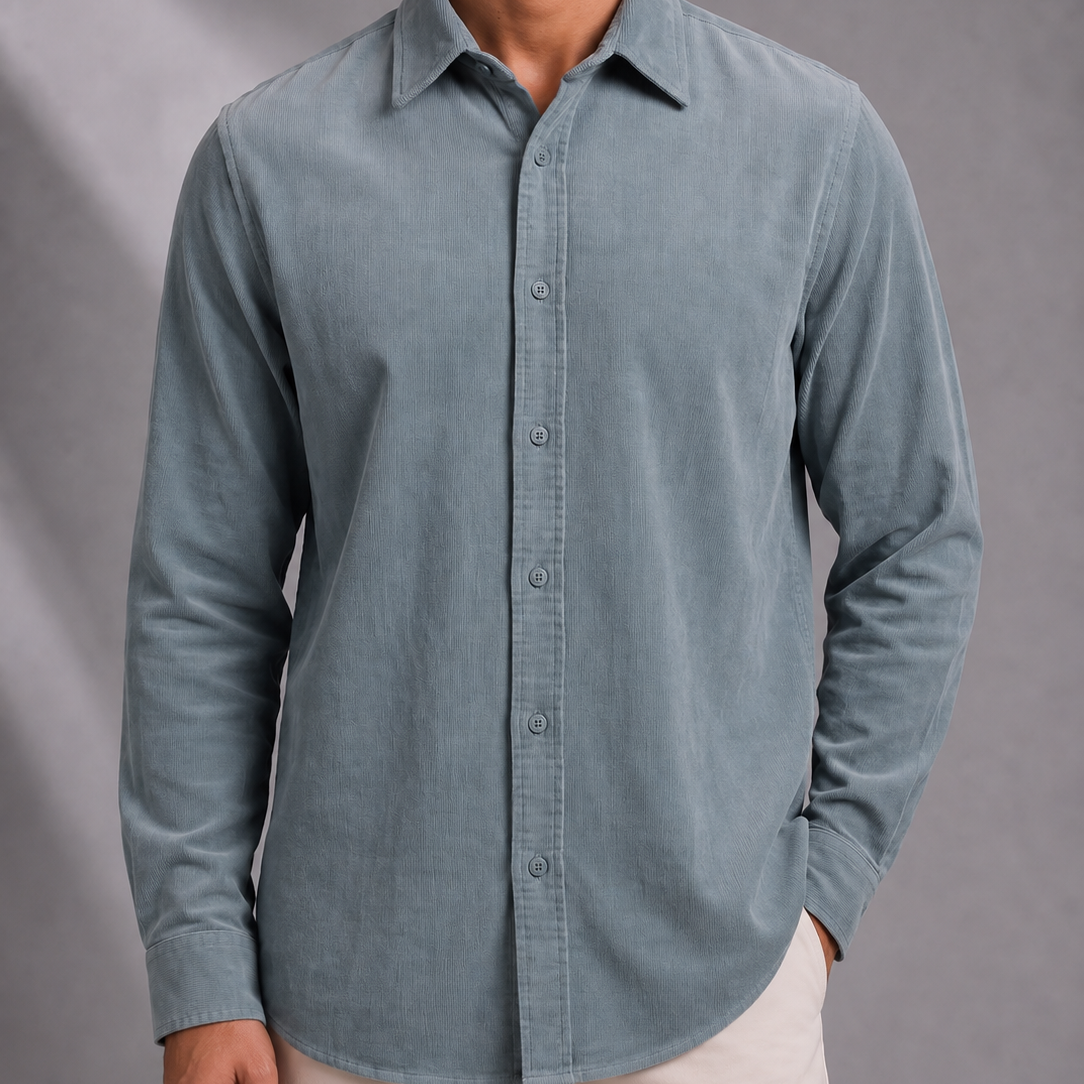 Men's Corduroy Long Sleeve Shirt with Full Button Placket