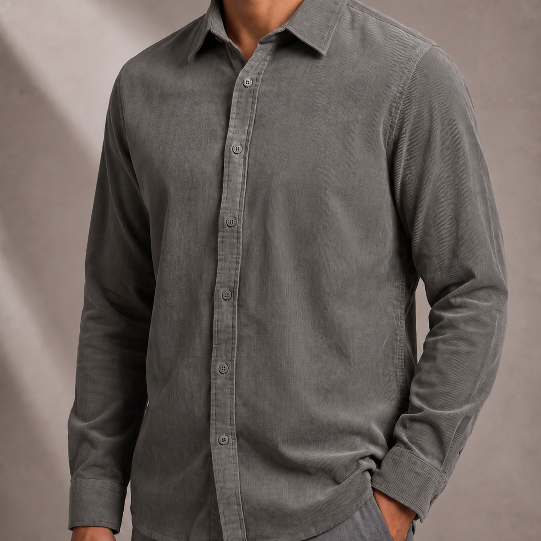 Men's Corduroy Long Sleeve Shirt with Full Button Placket