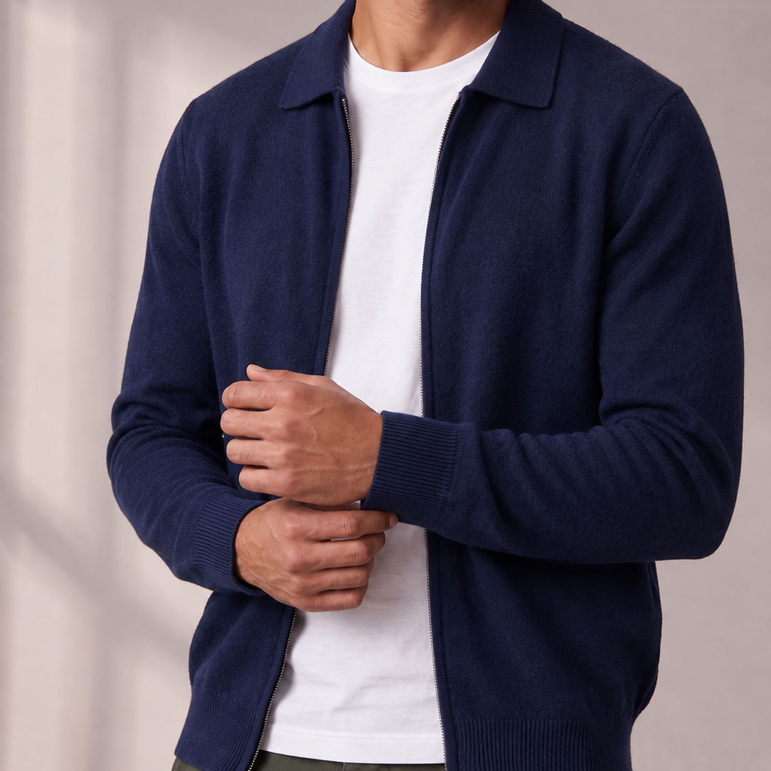 Men's Knitted Full-Zip Cardigan with Collar