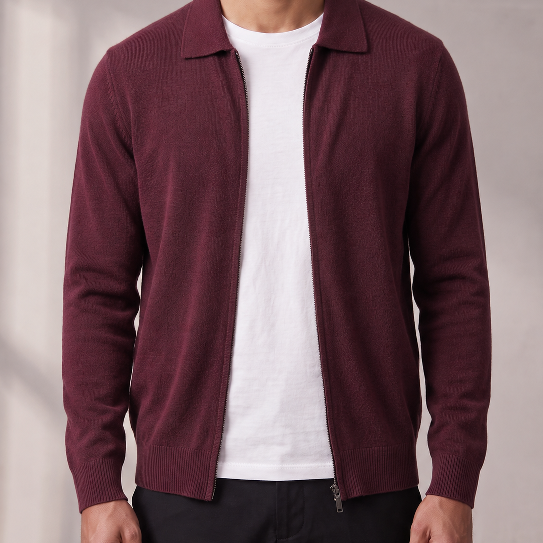 Men's Knitted Full-Zip Cardigan with Collar