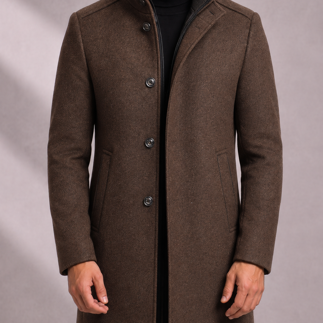 Men's Mid-Length Stand Collar Overcoat with Quilted Lining