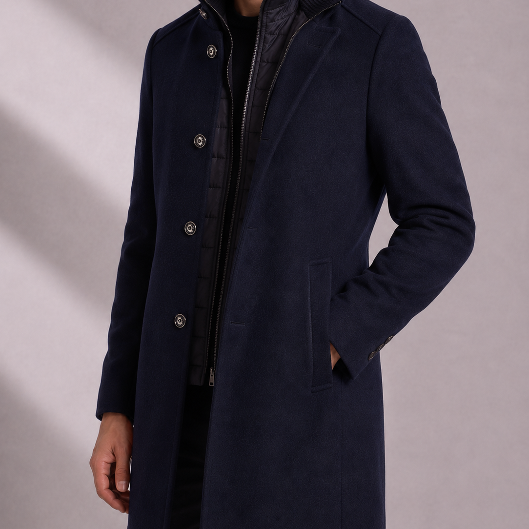 Men's Mid-Length Stand Collar Overcoat with Quilted Lining