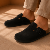 Men's Suede Clogs with Cork Sole and Buckle Strap