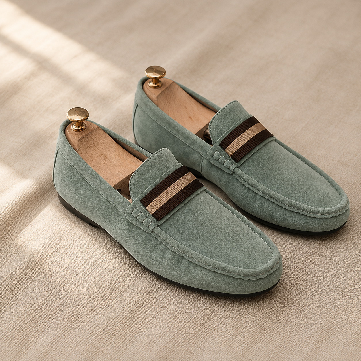 Men's Suede Driving Loafers with Striped Web Trim