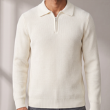 Men's Ribbed Knit Quarter Zip Polo Sweater with Johnny Collar