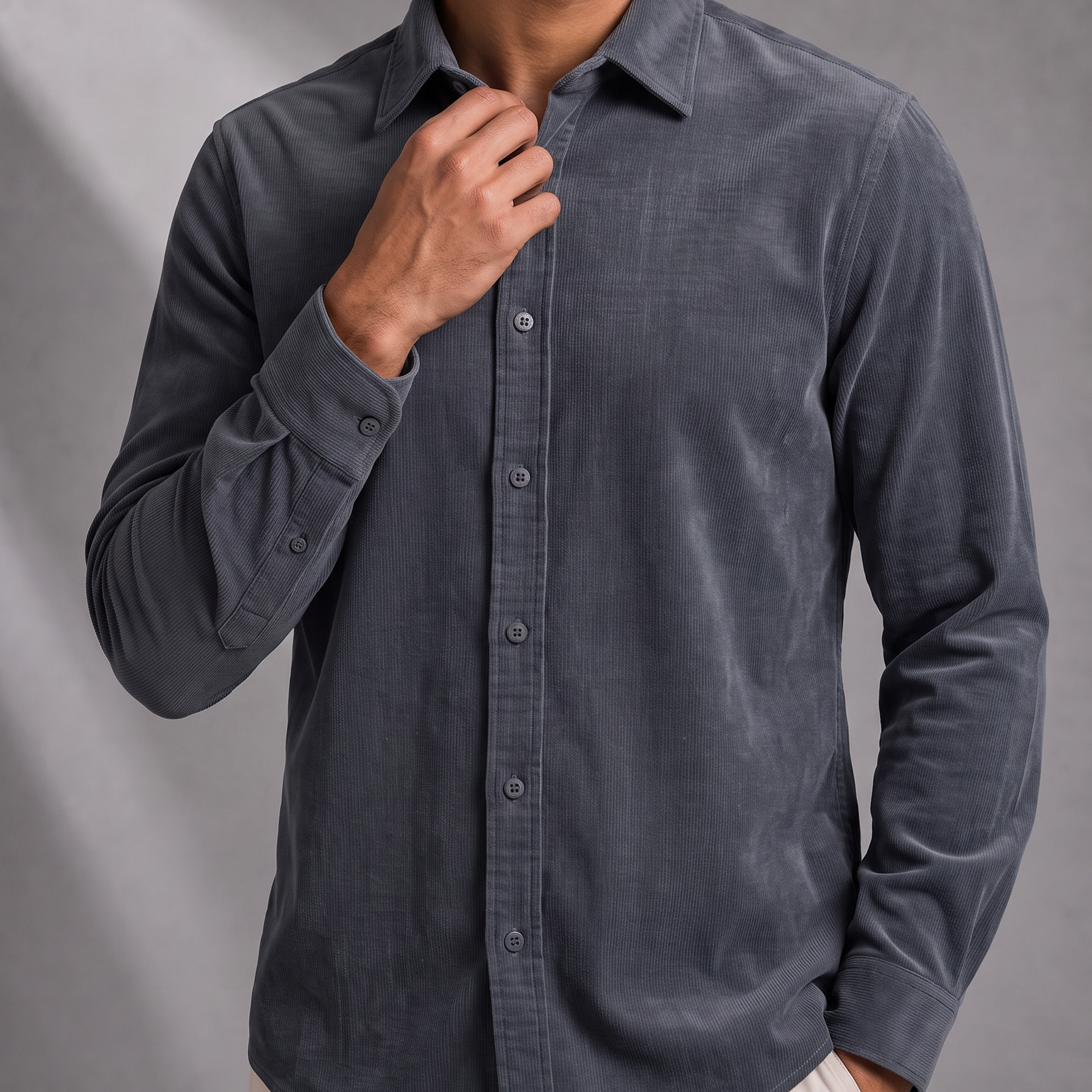 Men's Corduroy Long Sleeve Shirt with Full Button Placket