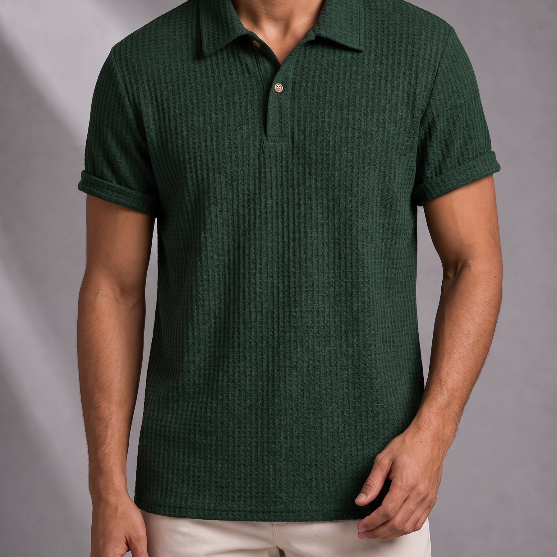 Men's Waffle Knit Polo Shirt with Double Button