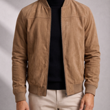 Men's Suede Bomber Jacket with Ribbed Trim