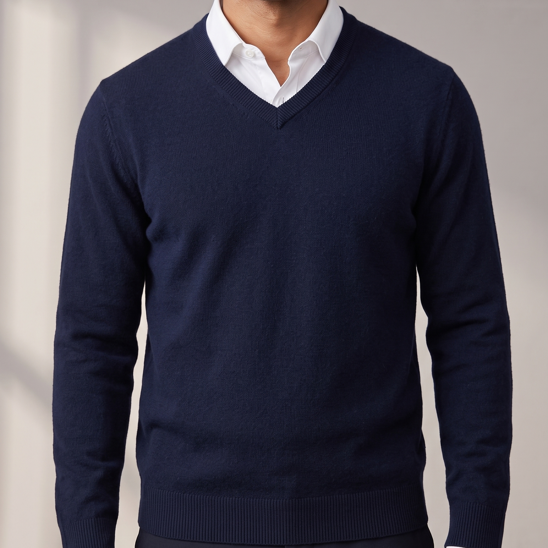 Men's Fine Knit V-Neck Sweater Layered Collar Style