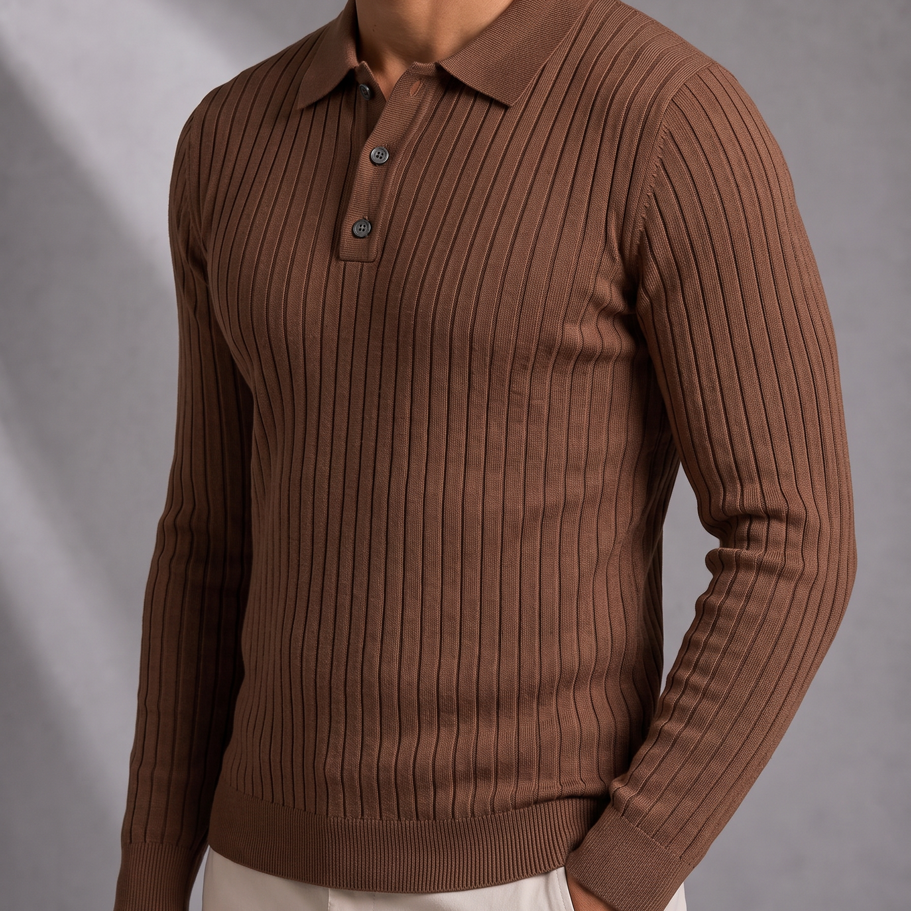 Men's Ribbed Knit Long Sleeve Polo Shirt with Button Placket