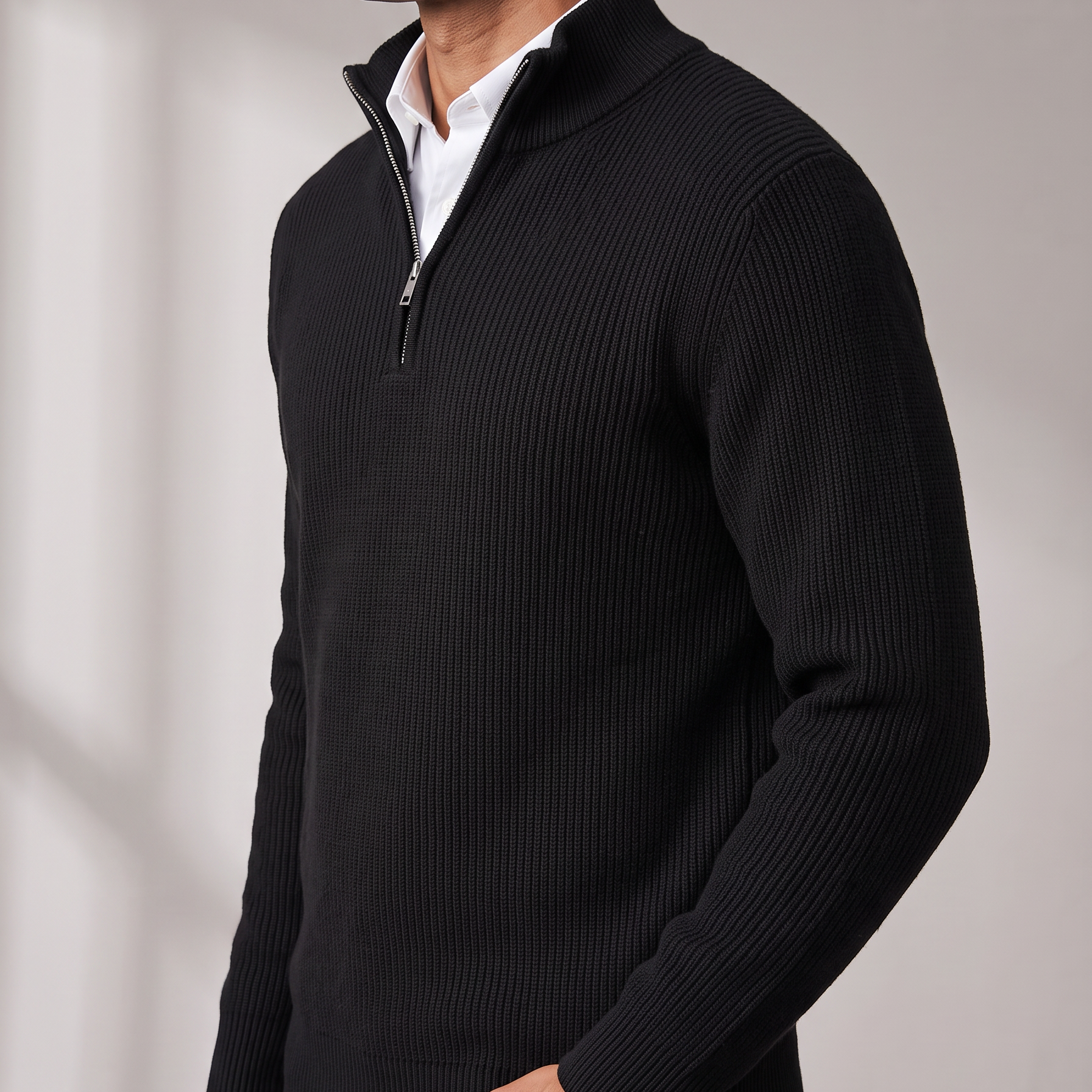 Men's Fine Knit Quarter Zip Sweater with Stand Collar