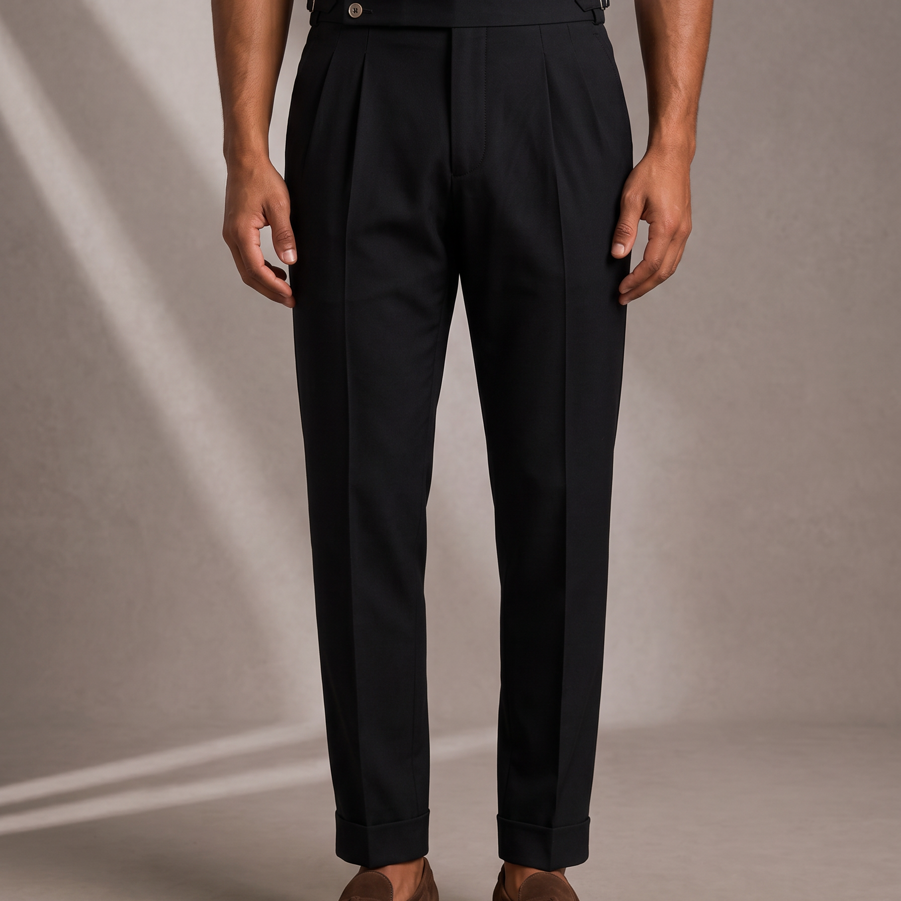 Men's Cotton Trousers with Side Adjuster and Double Button