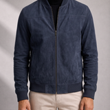 Men's Suede Bomber Jacket with Ribbed Trim