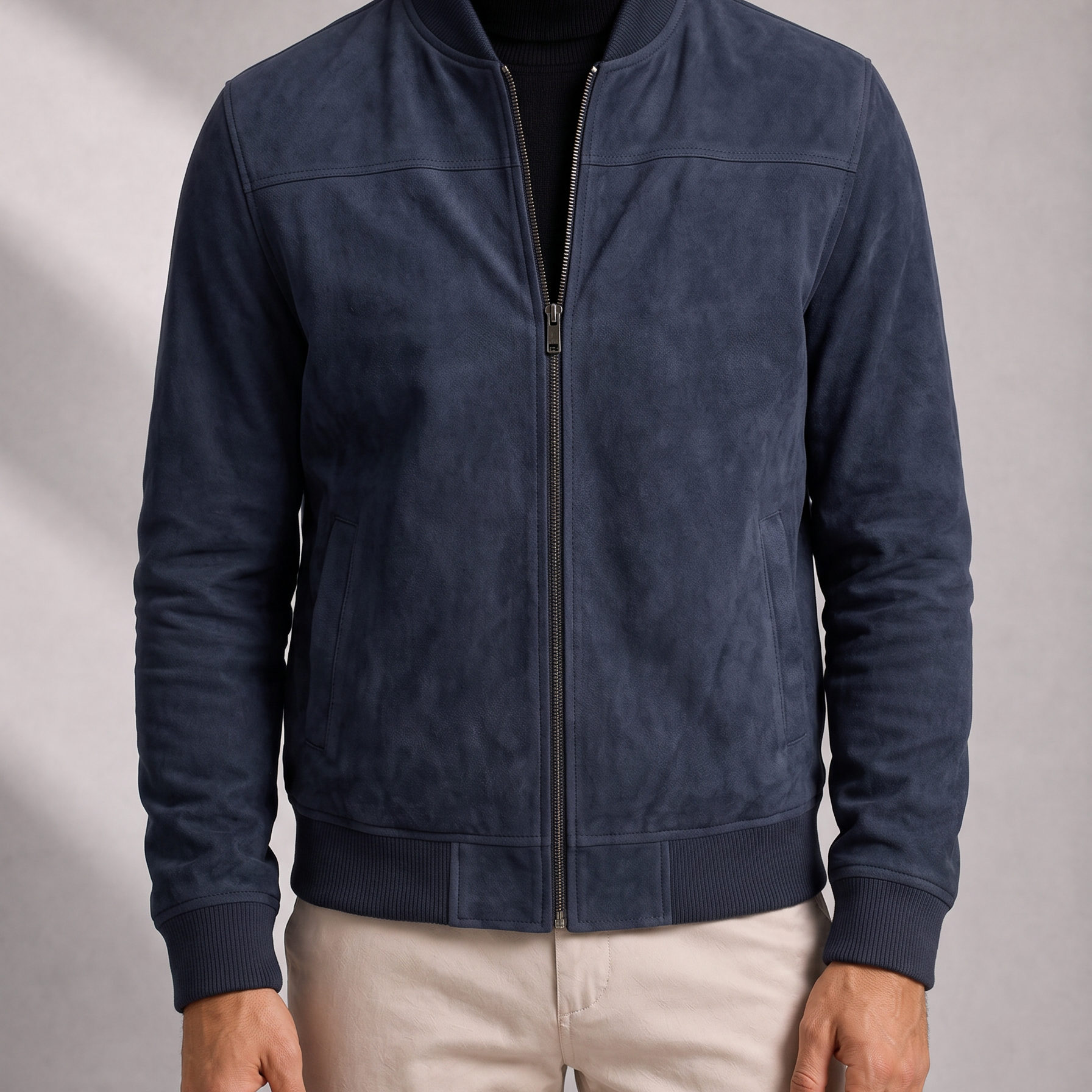 Men's Suede Bomber Jacket with Ribbed Trim