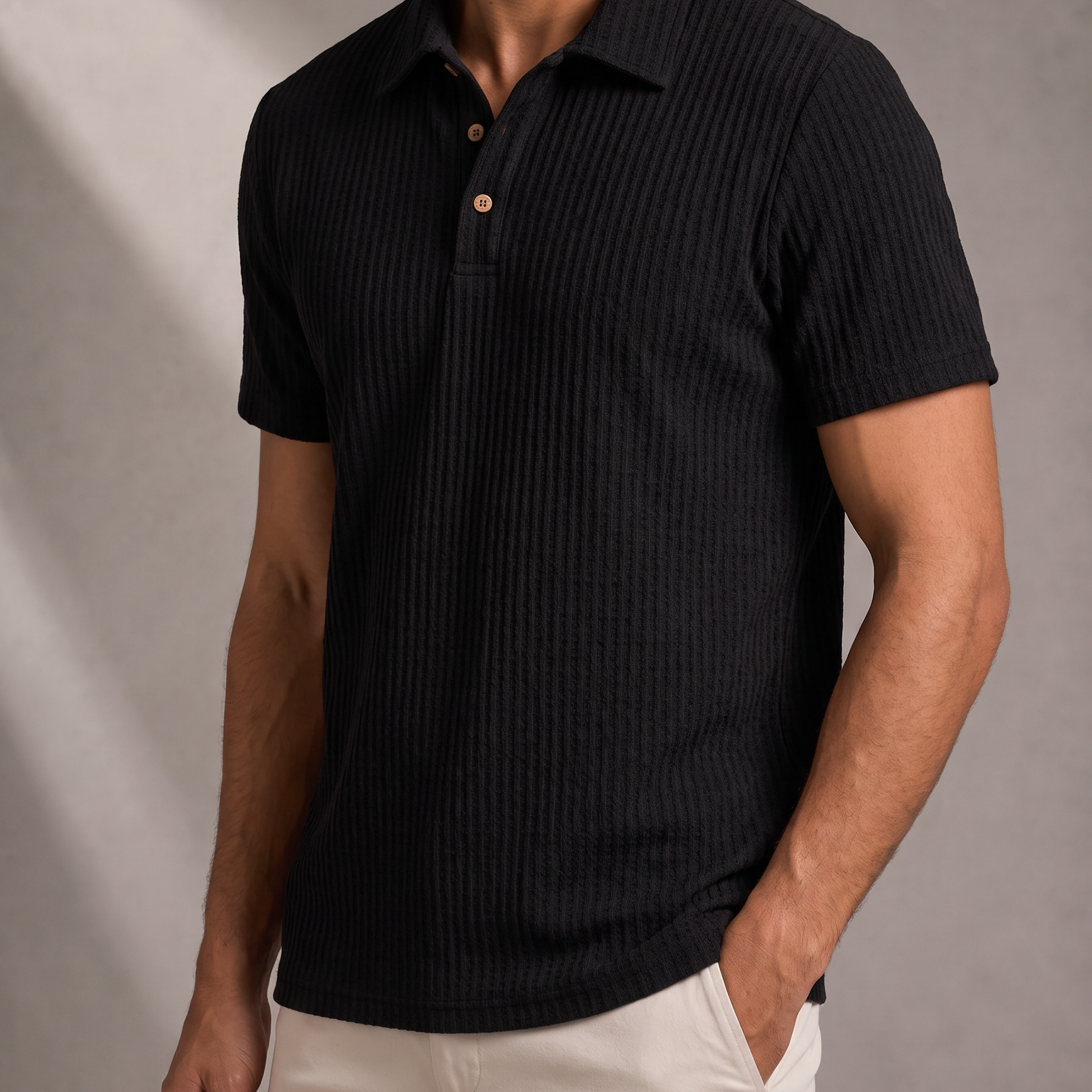 Men's Waffle Knit Polo Shirt with Double Button