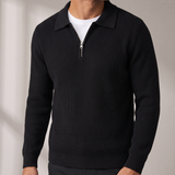 Men's Ribbed Knit Quarter Zip Polo Sweater with Johnny Collar