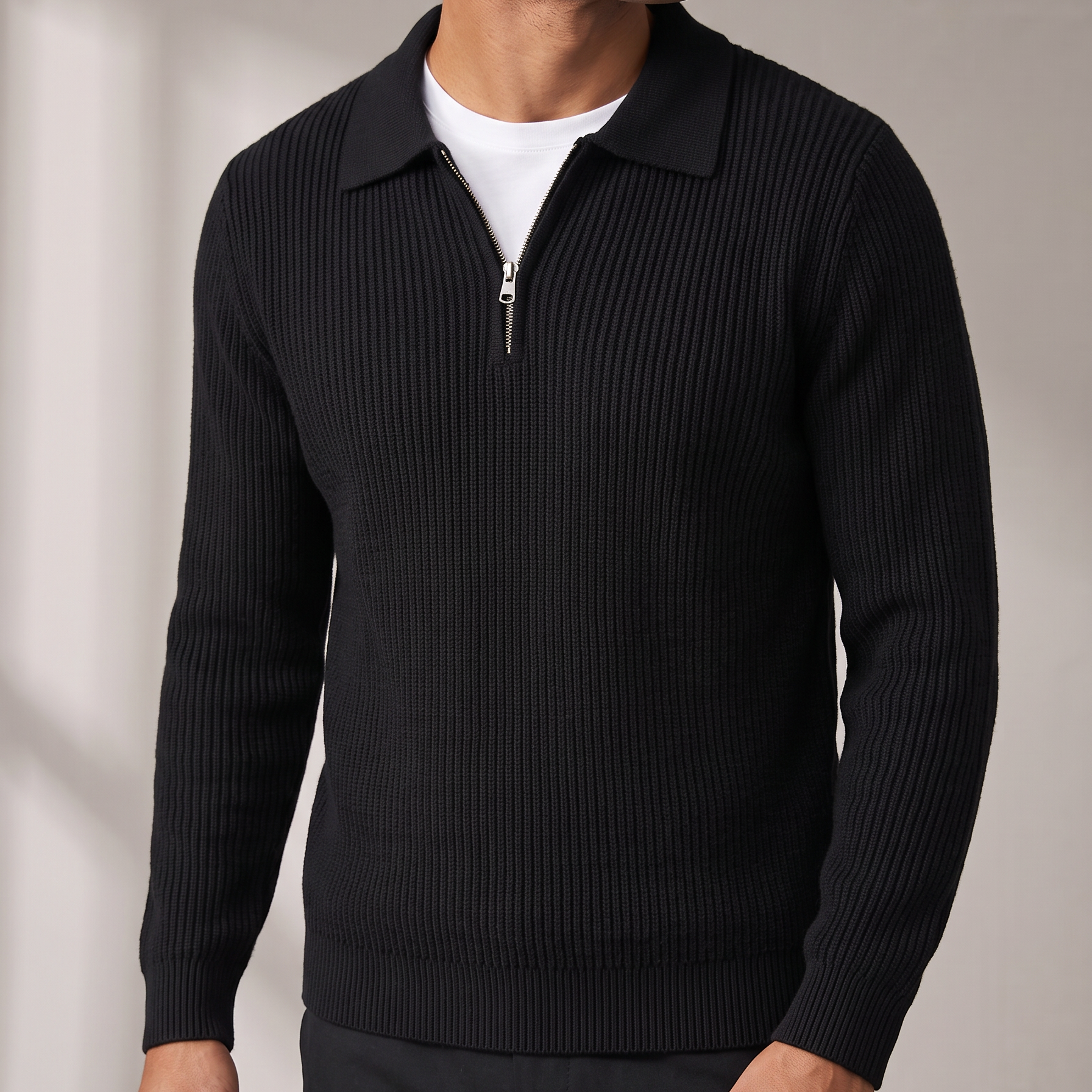 Men's Ribbed Knit Quarter Zip Polo Sweater with Johnny Collar
