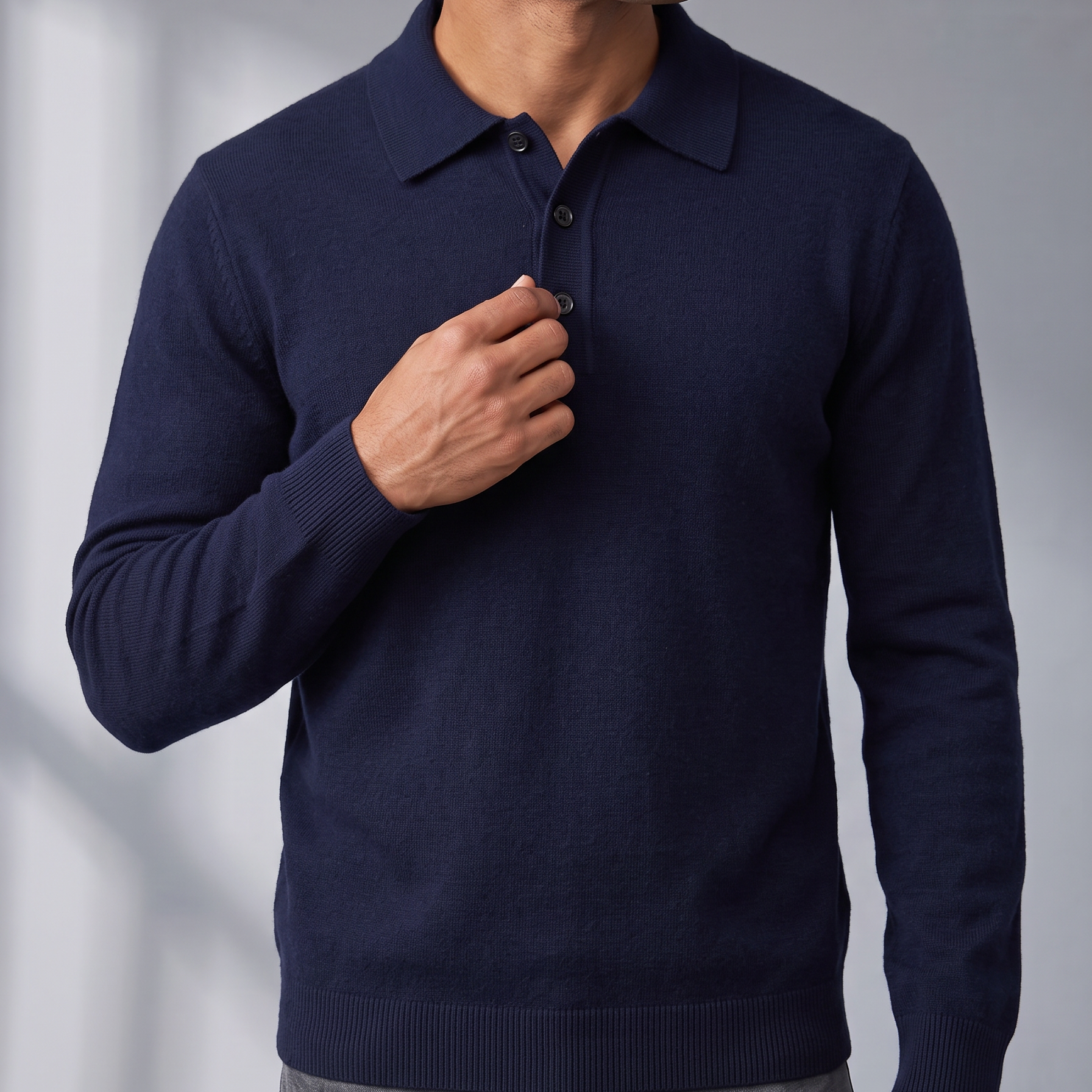 Men's Fine Knit Long Sleeve Polo with Contrast Buttons