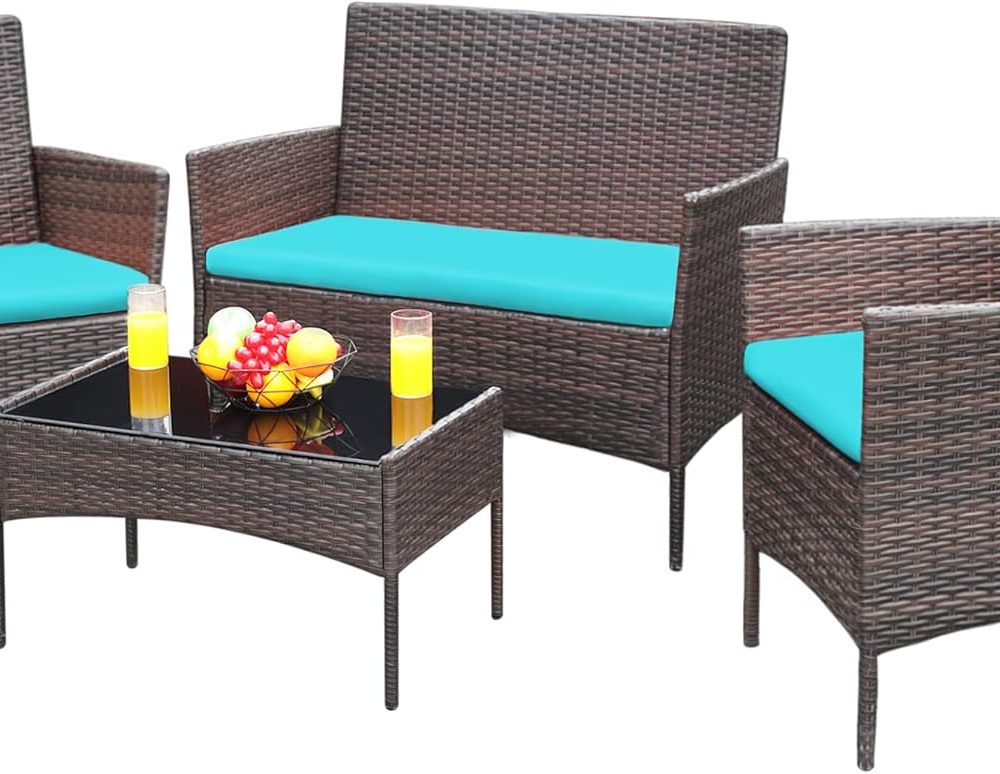 Greesum Patio Furniture 4 Pieces Conversation Sets Outdoor Wicker Rattan Chairs Garden Backyard Balcony Porch Poolside loveseat with Soft Cushion and Glass Table, Brown and Blue