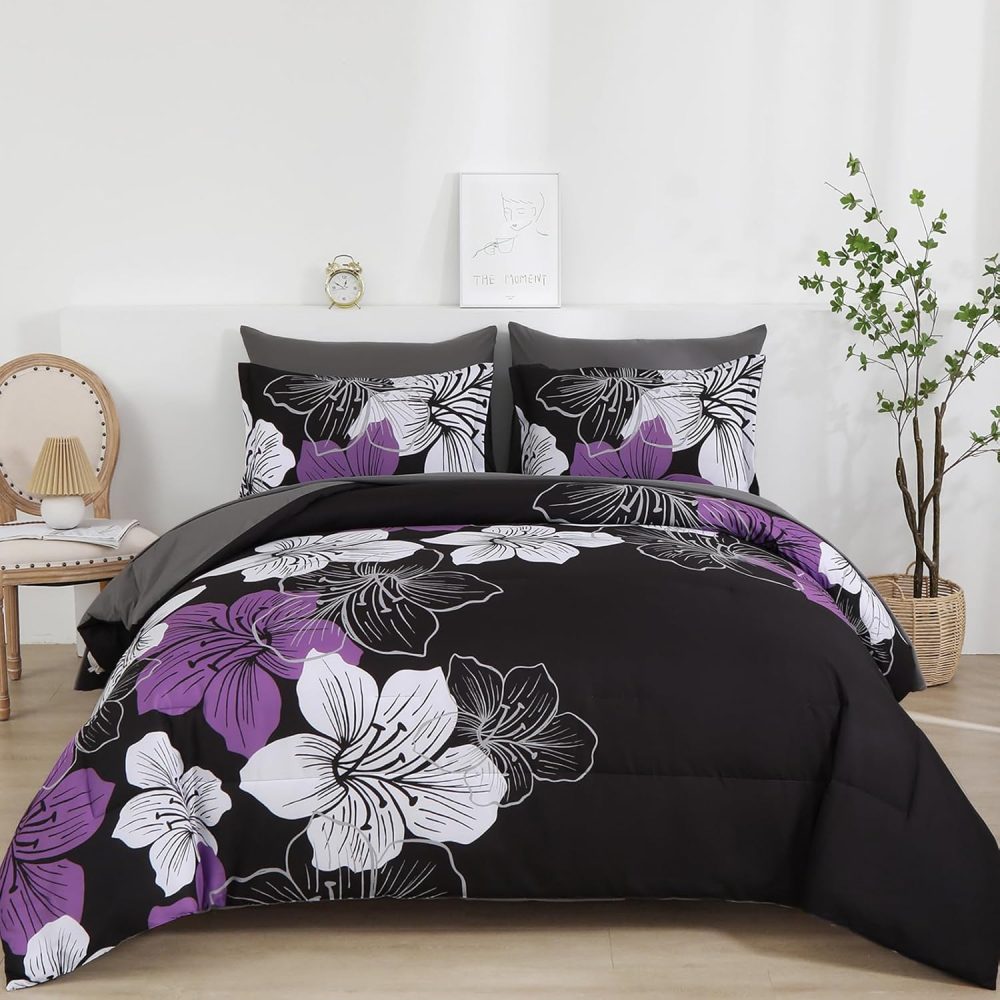 Luxudecor Floral Comforter Set King Size, 7 Pieces Bed in a Bag Purple Floral Comforter and Sheet Set, Soft Microfiber Complete Bedding Sets for All Seasons