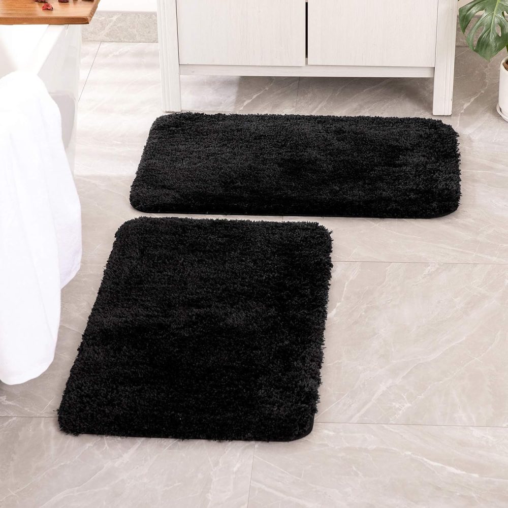 MIULEE Set of 2 Non Slip Shaggy Bathroom Rugs Extra Thick Soft Bath Mats Plush Microfiber Absorbent Water for Tub Shower Machine Washable (Black, 16x24 inches)