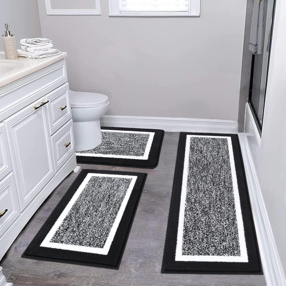 Pauwer Bathroom Rug Mat Set 3 Piece, Microfiber Shaggy Bath Set, Non-Slip Ultra Soft Carpet Mats, Absorbent with U-Shaped Toilet for Bathroom, Tub, Shower, Black