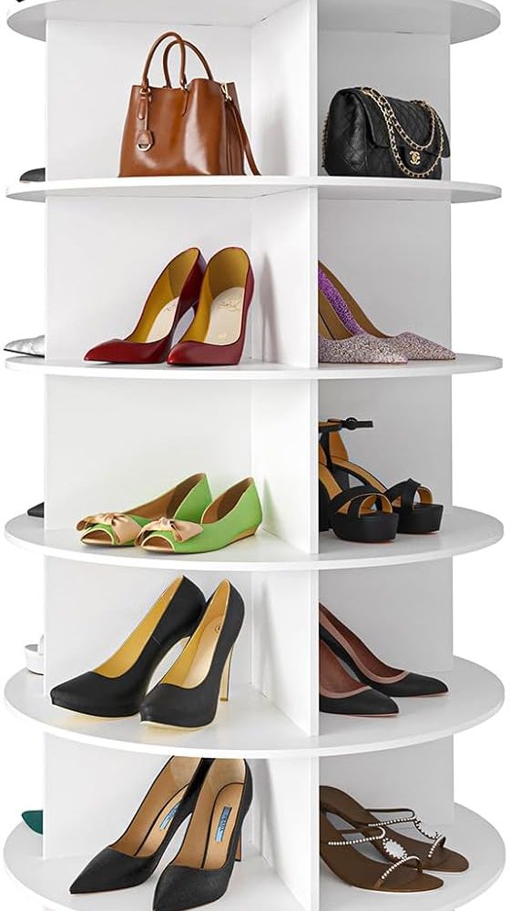 SpaceAid 7 Tier Rotating Shoe Rack Tower, Spinning Shoe Display Lazy Susan, Revolving 360 Shoe Rack Storage Round Carousel, Vertical Handbag Rotate Shoes Closet Organization (7-Tier White)
